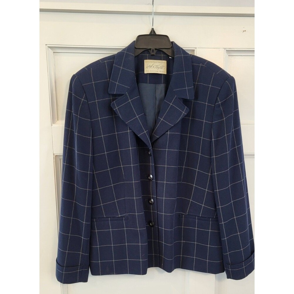 Vintage Lord & Taylor Blazer Womens 20W Navy Windowpane Plaid Jacket Career Y2K